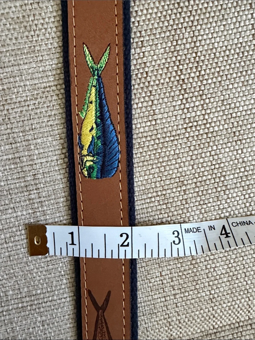 West Marine Men's Embroidered Dolphin Fish Belt Brass USA Made Size 42 Altered